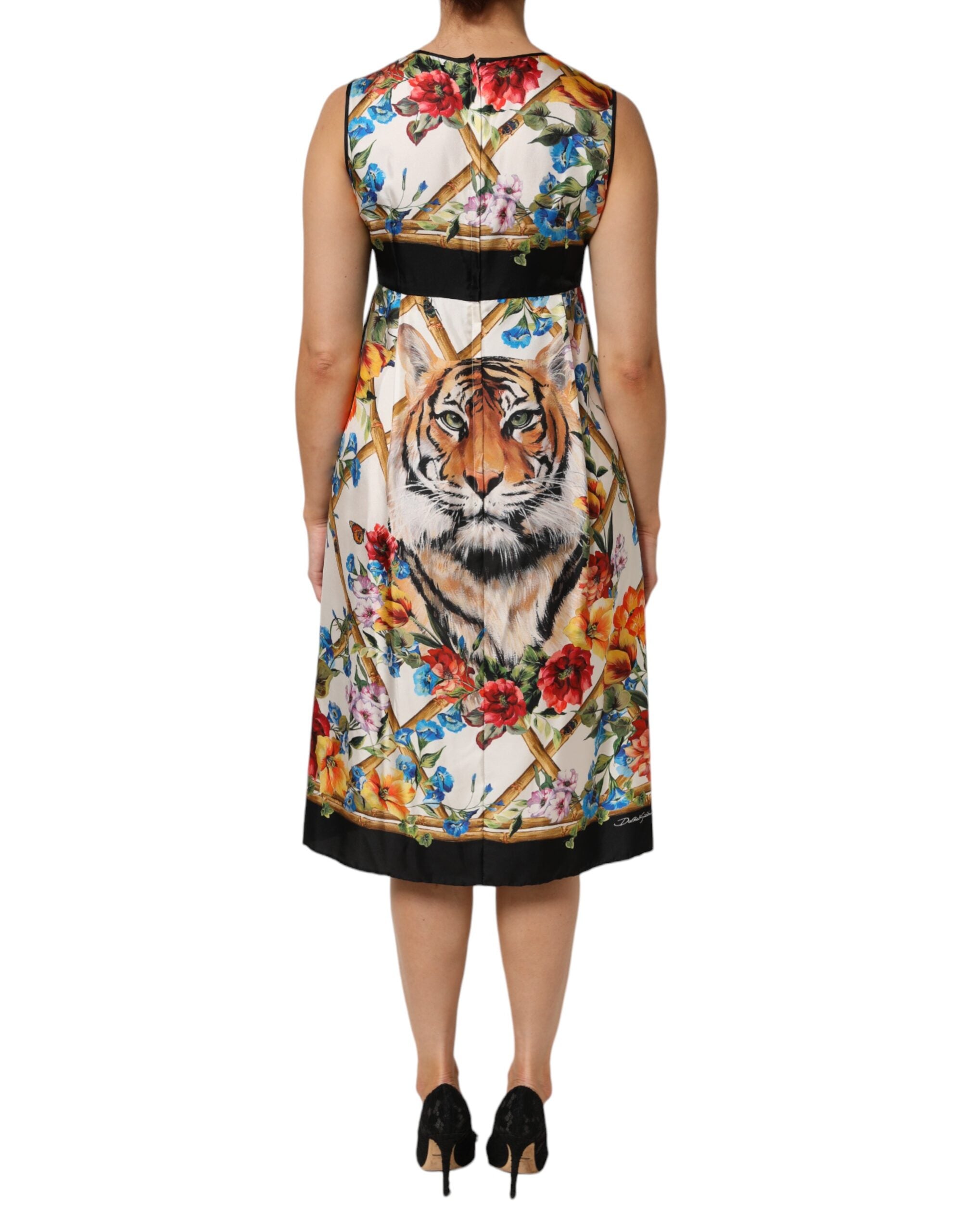 Dolce & Gabbana White Tiger Floral A-line Sleeveless Dress