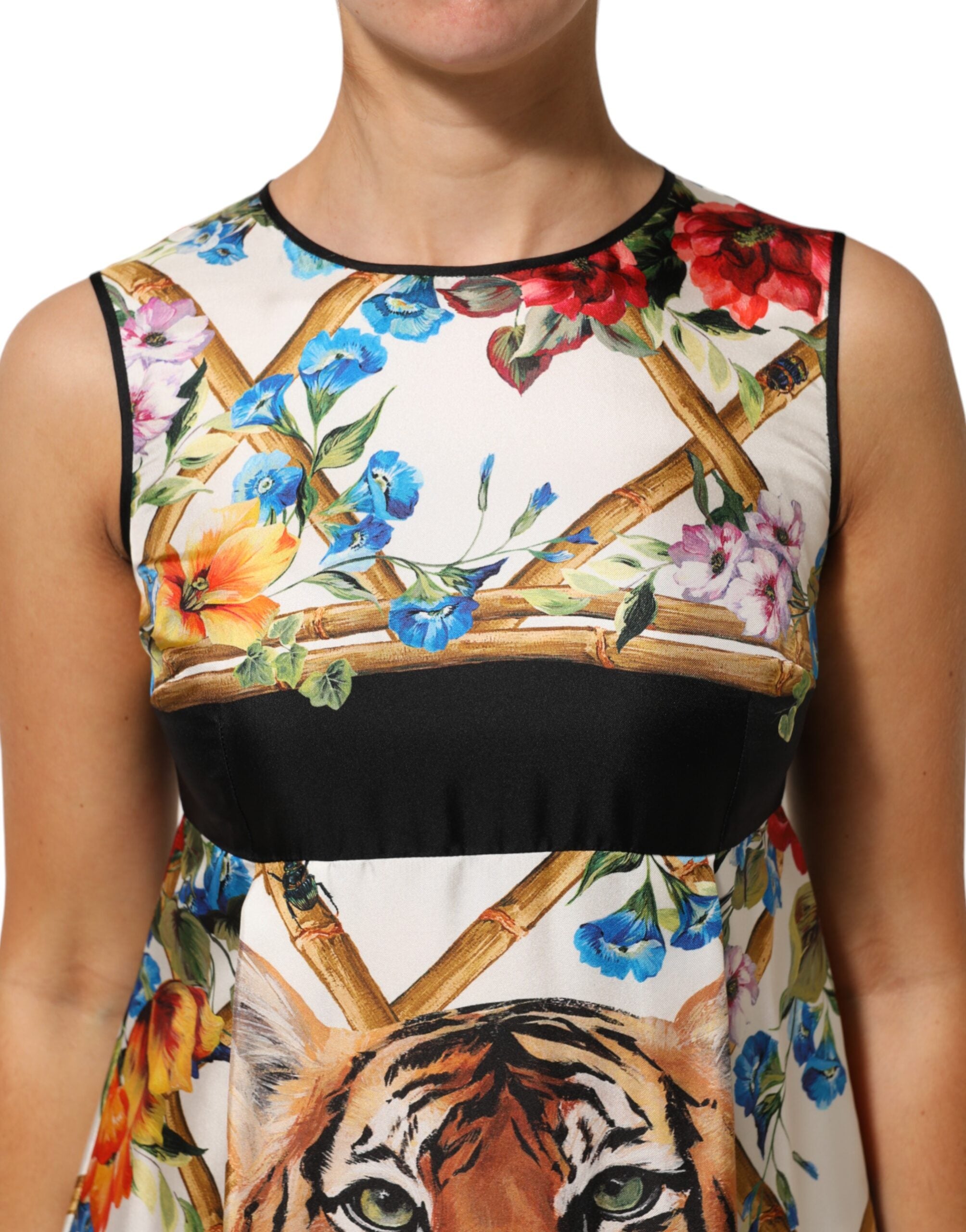 Dolce & Gabbana White Tiger Floral A-line Sleeveless Dress