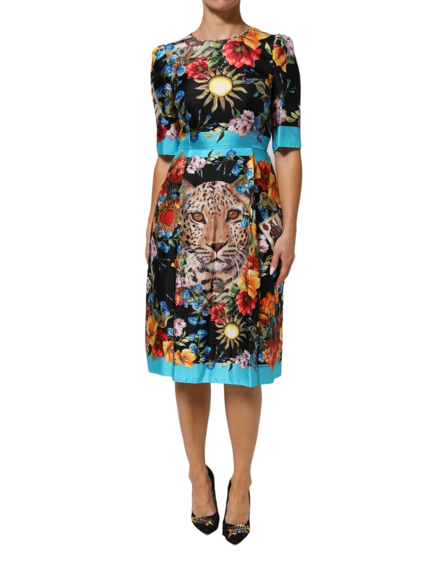Dolce & Gabbana Black Leopard Floral Silk Sheath Midi Dress