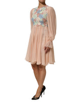 Dolce & Gabbana Pink Floral Embroidery Pleated A-line Dress