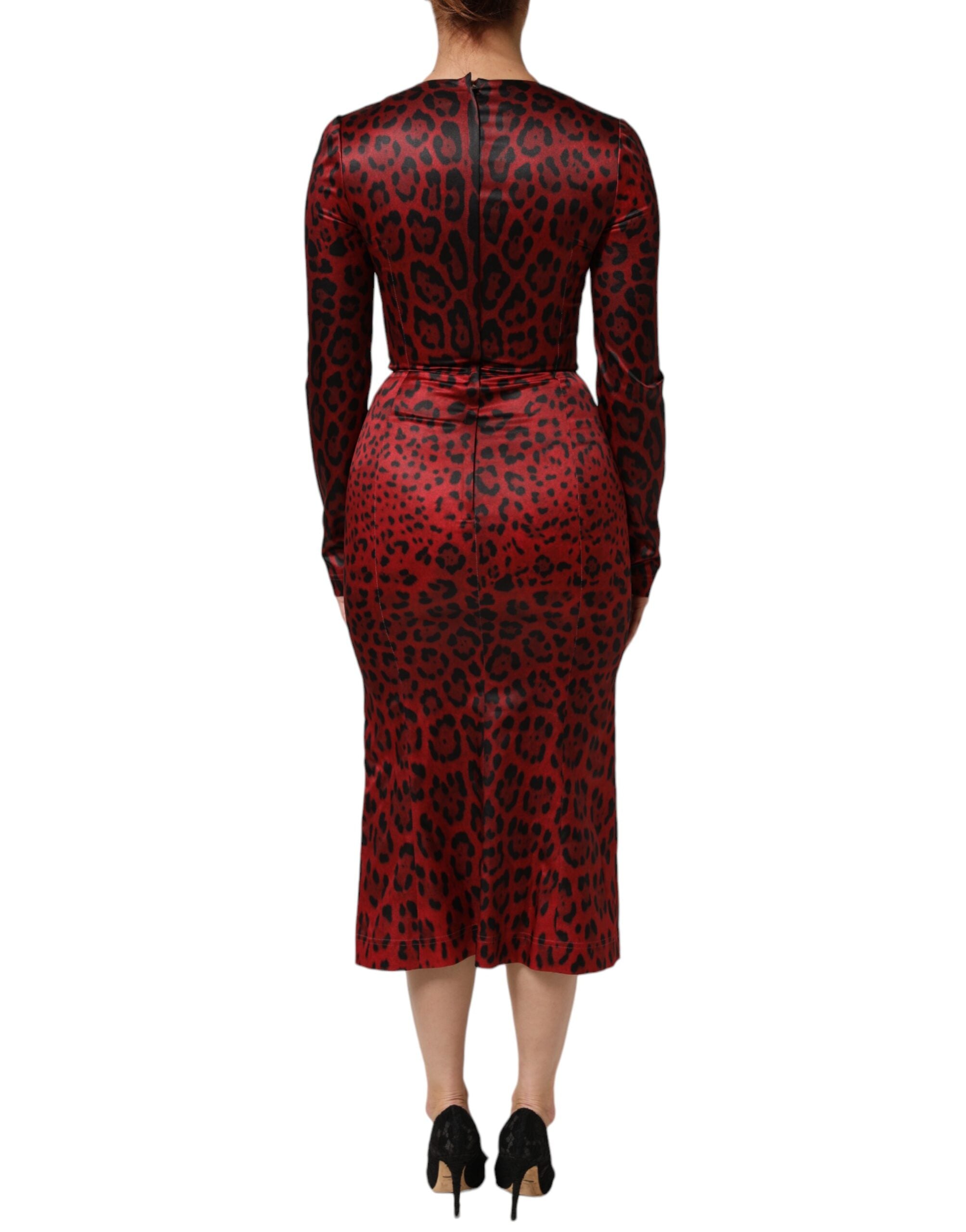 Dolce & Gabbana Red Leopard Sheath Long Sleeves Dress