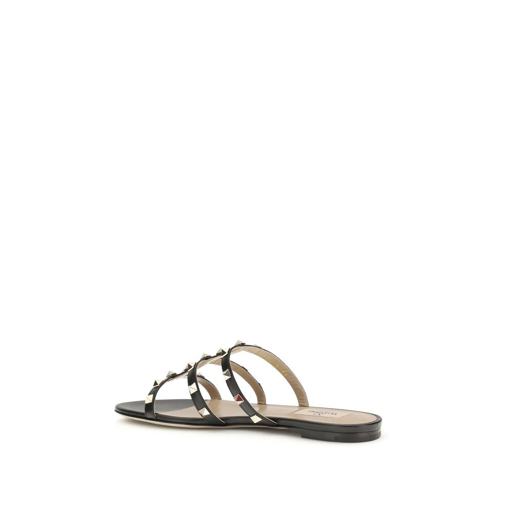 Valentino Garavani Black Calf Leather Bos Taurus Flat Sandals