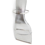 Amina Muaddi Silver Calfskin Stiletto Heel Sandals