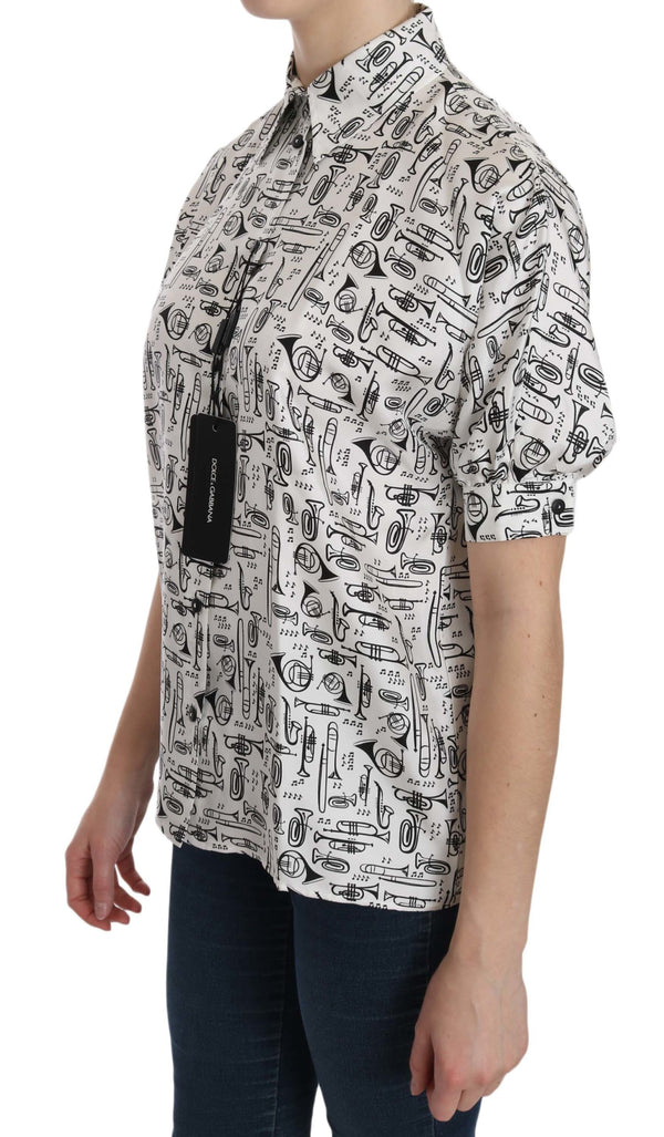 Dolce & Gabbana White Musical Instrument Collared BlouseShirt