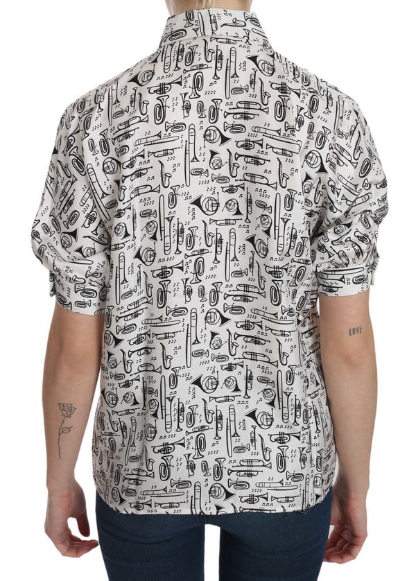 Dolce & Gabbana White Musical Instrument Collared BlouseShirt