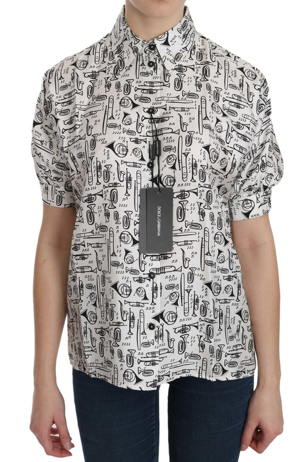 Dolce & Gabbana White Musical Instrument Collared BlouseShirt