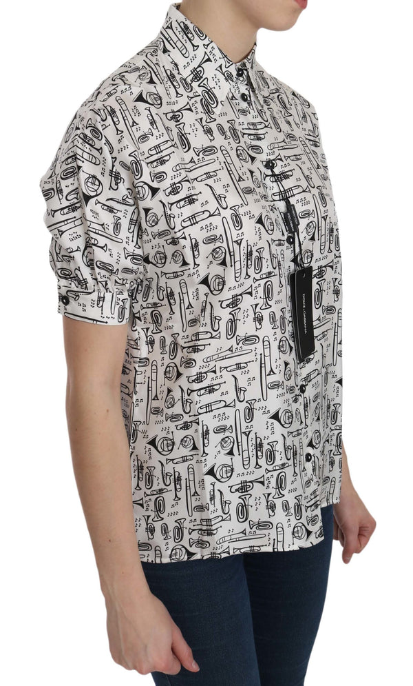 Dolce & Gabbana White Musical Instrument Collared BlouseShirt