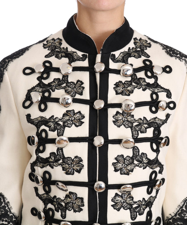 Dolce & Gabbana White Wool Black Floral Baroque Jacket