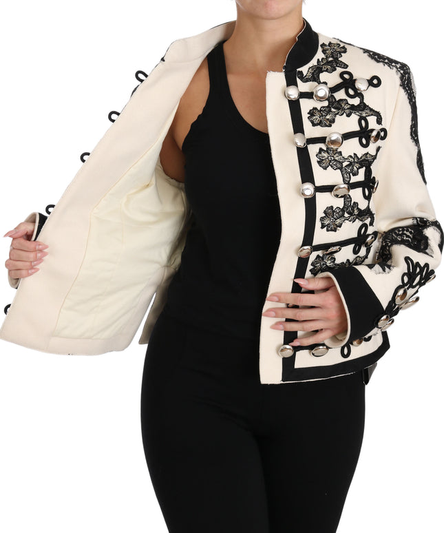 Dolce & Gabbana White Wool Black Floral Baroque Jacket
