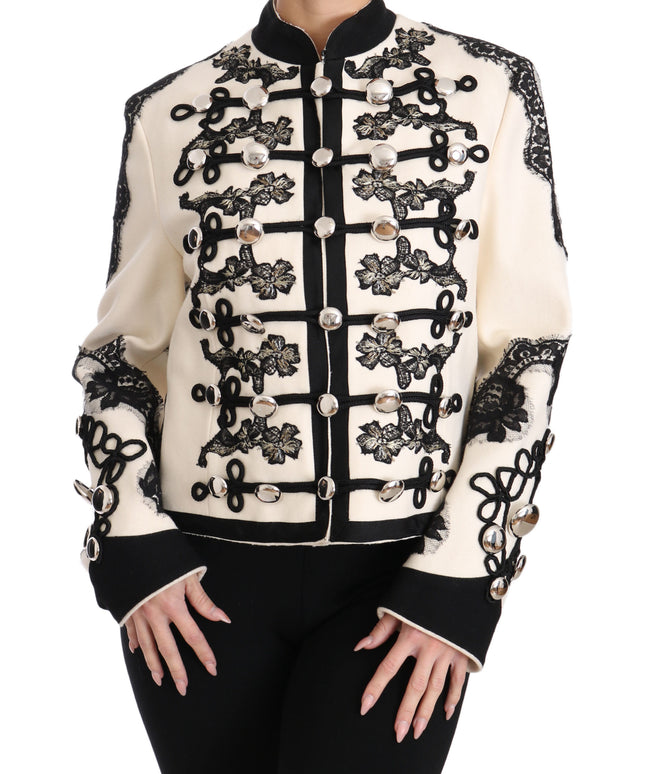 Dolce & Gabbana White Wool Black Floral Baroque Jacket