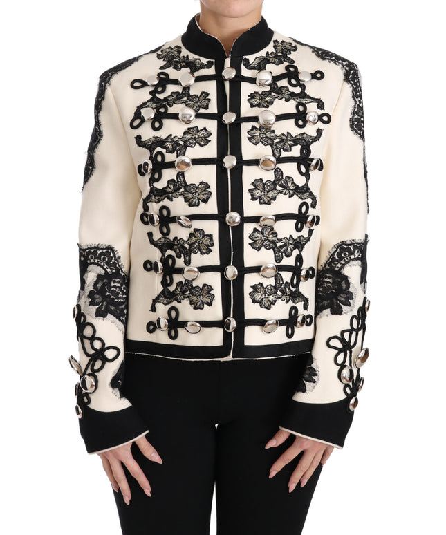 Dolce & Gabbana White Wool Black Floral Baroque Jacket
