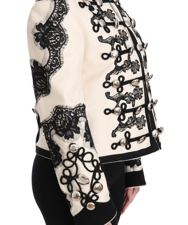 Dolce & Gabbana White Wool Black Floral Baroque Jacket