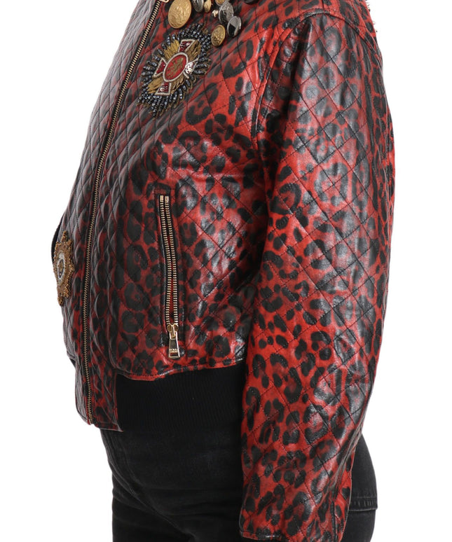 Dolce & Gabbana Red Leopard Button Crystal Leather Jacket