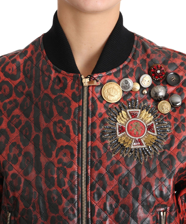 Dolce & Gabbana Red Leopard Button Crystal Leather Jacket