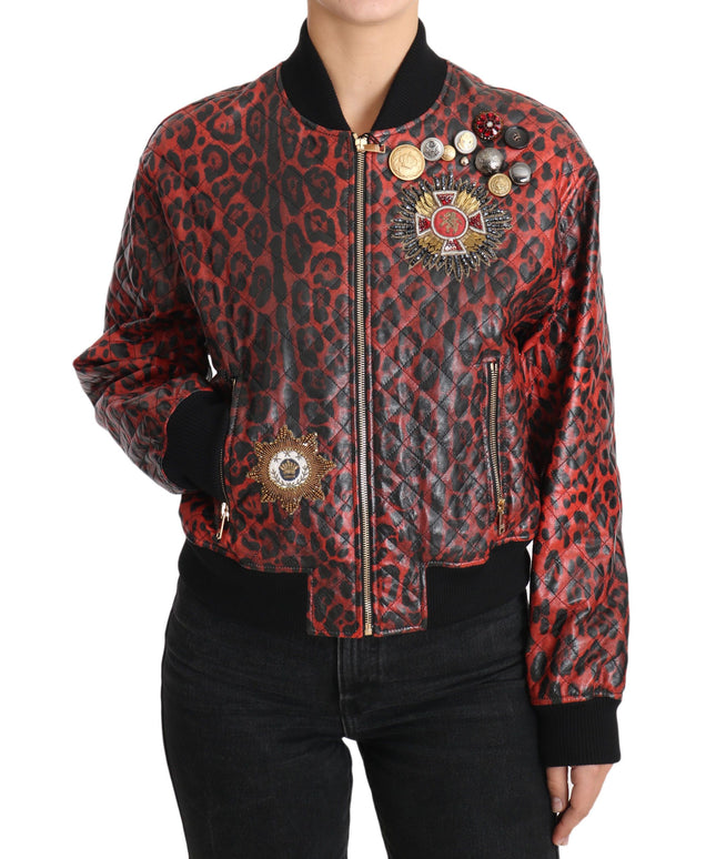 Dolce & Gabbana Red Leopard Button Crystal Leather Jacket