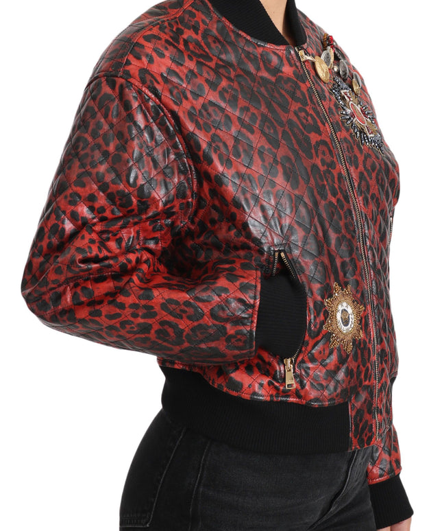 Dolce & Gabbana Red Leopard Button Crystal Leather Jacket