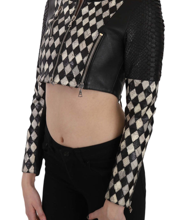 John Richmond Black White Leather Short Cropped Biker Jacket Coat