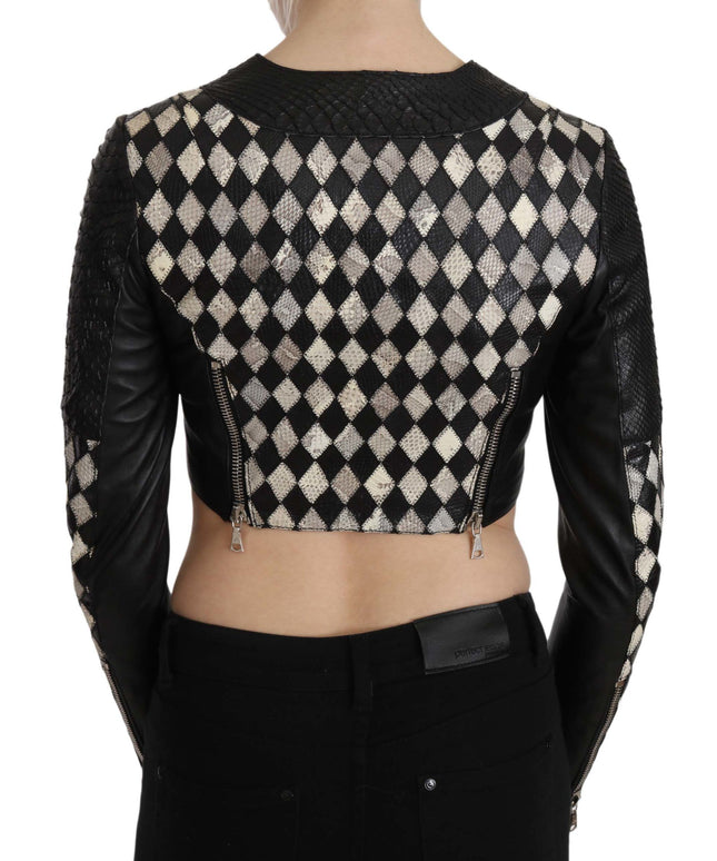 John Richmond Black White Leather Short Cropped Biker Jacket Coat