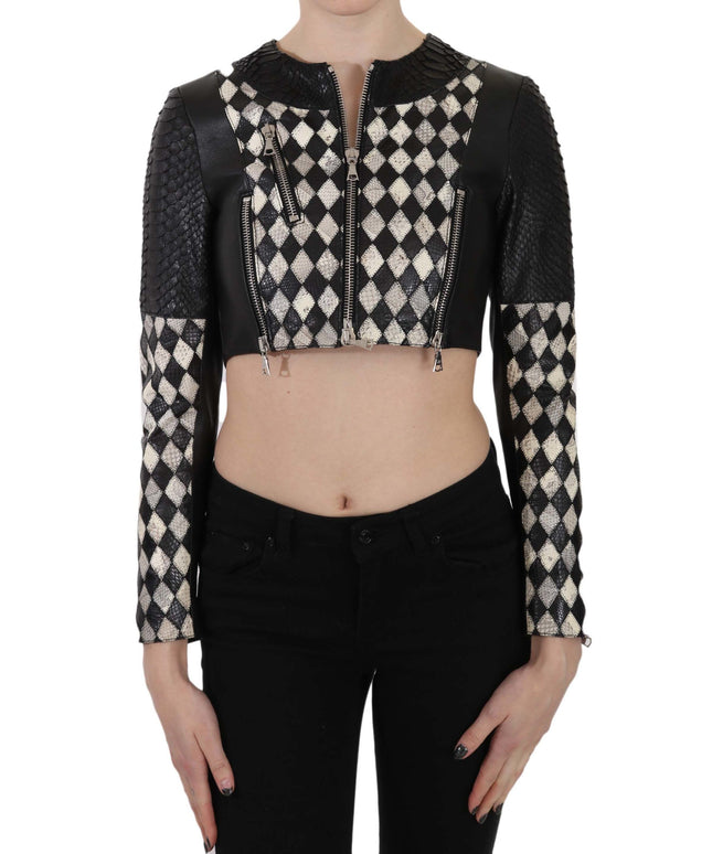 John Richmond Black White Leather Short Cropped Biker Jacket Coat