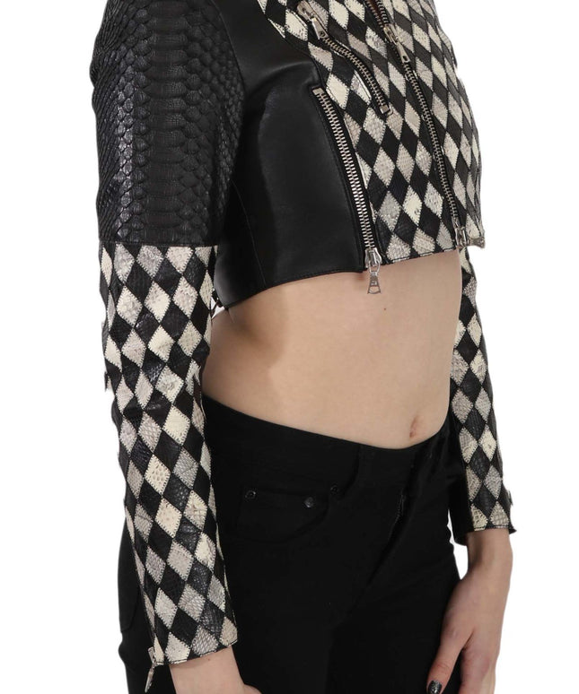 John Richmond Black White Leather Short Cropped Biker Jacket Coat