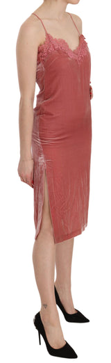 PINKO Pink Lace Spaghetti Strap Side Slit Shift Midi Dress