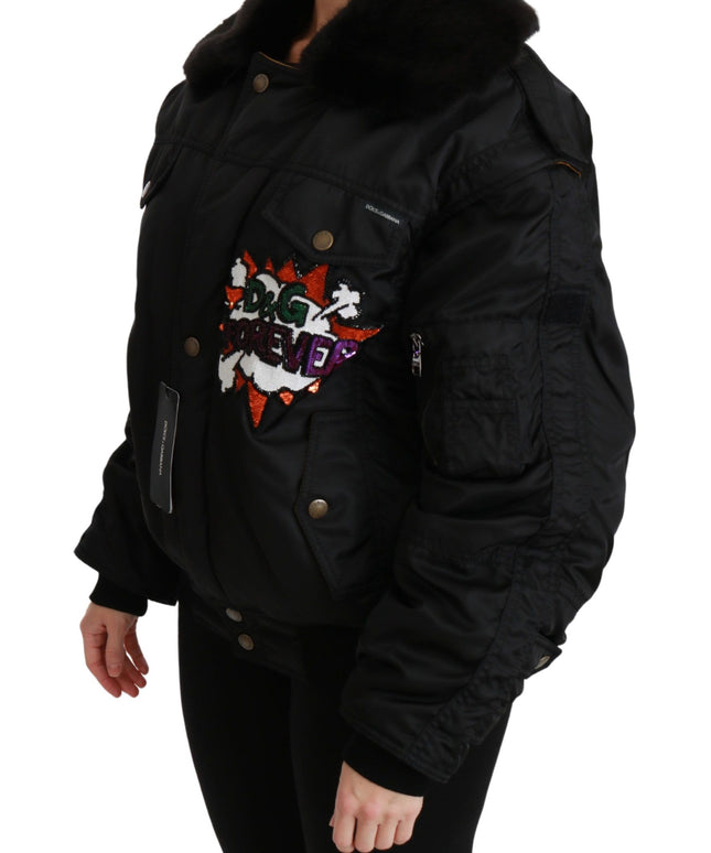 Dolce & Gabbana Black Queen Crown Sequined Bomber Jacket