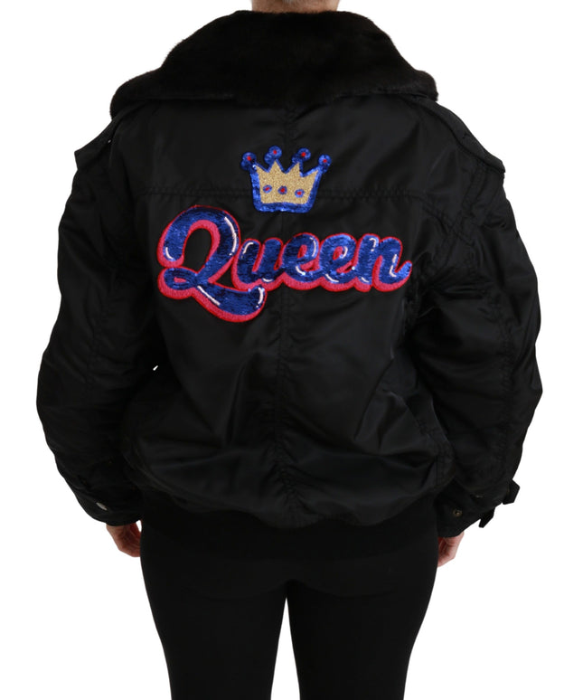 Dolce & Gabbana Black Queen Crown Sequined Bomber Jacket