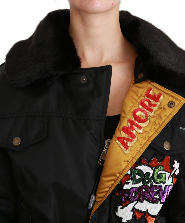 Dolce & Gabbana Black Queen Crown Sequined Bomber Jacket