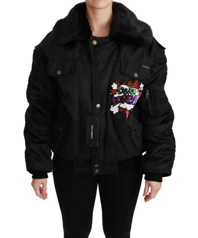 Dolce & Gabbana Black Queen Crown Sequined Bomber Jacket