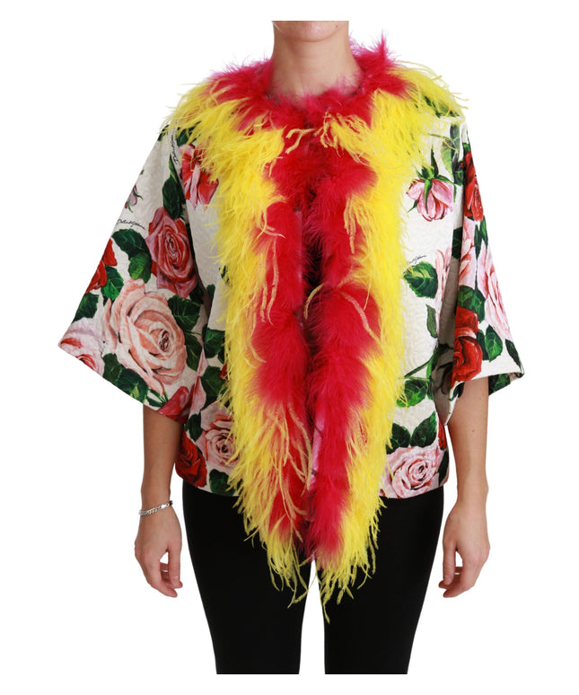 Dolce & Gabbana White Floral Coat Capte Fur Roses Jacket