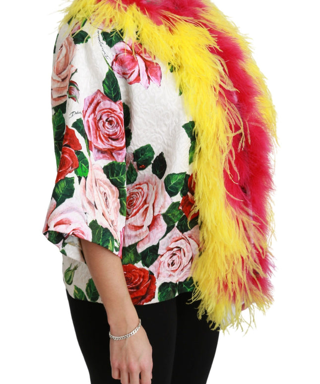 Dolce & Gabbana White Floral Coat Capte Fur Roses Jacket