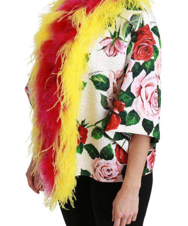 Dolce & Gabbana White Floral Coat Capte Fur Roses Jacket