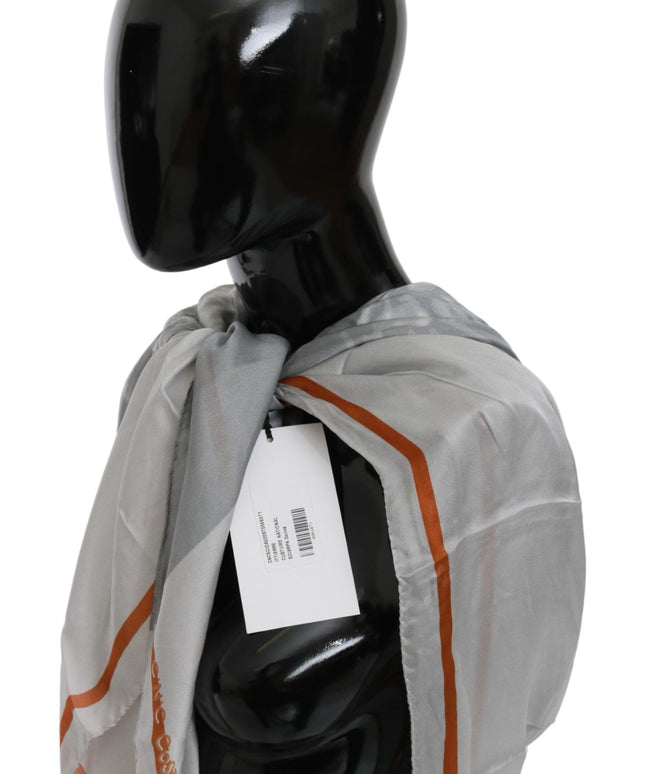 Costume National Gray Orange Silk Floral Foulard Wrap Scarf