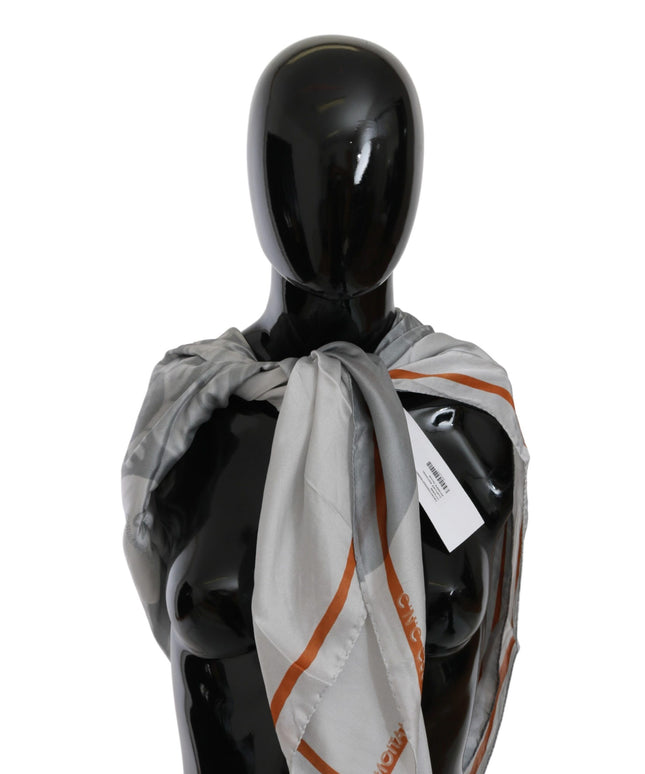 Costume National Gray Orange Silk Floral Foulard Wrap Scarf