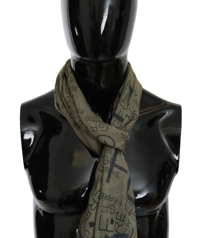 GF Ferre Green Wool Viscose Foulard Patterned Branded Scarf