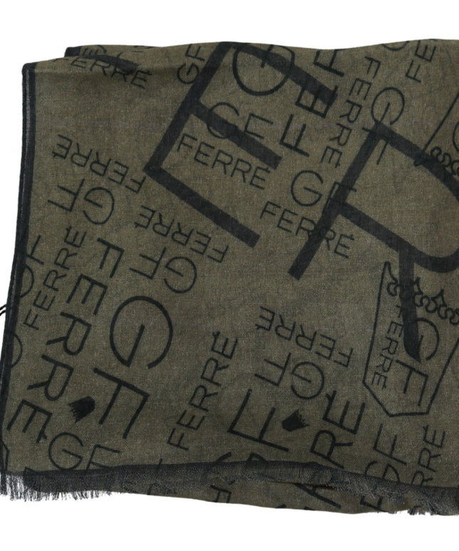 GF Ferre Green Wool Viscose Foulard Patterned Branded Scarf