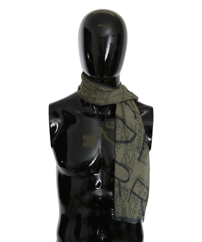 GF Ferre Green Wool Viscose Foulard Patterned Branded Scarf