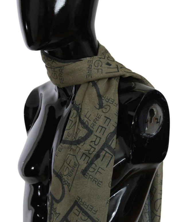 GF Ferre Green Wool Viscose Foulard Patterned Branded Scarf