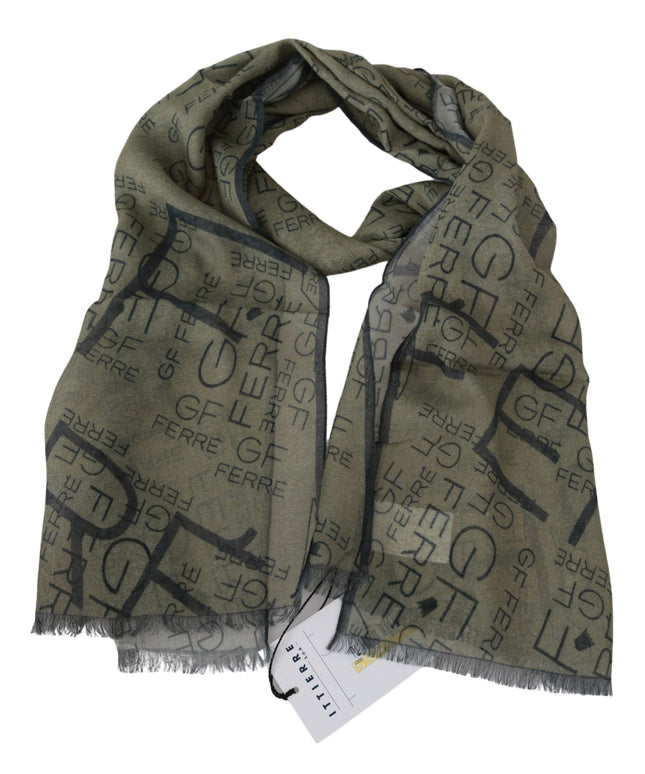 GF Ferre Green Wool Viscose Foulard Patterned Branded Scarf