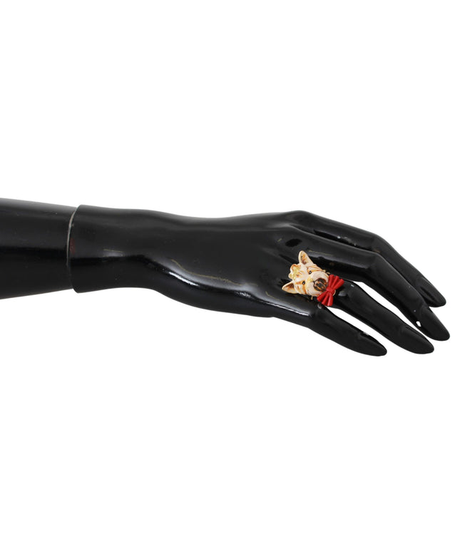 Dolce & Gabbana Gold Brass Resin Beige Dog Pet Branded Accessory Ring