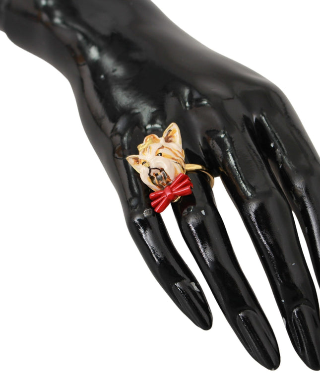 Dolce & Gabbana Gold Brass Resin Beige Dog Pet Branded Accessory Ring