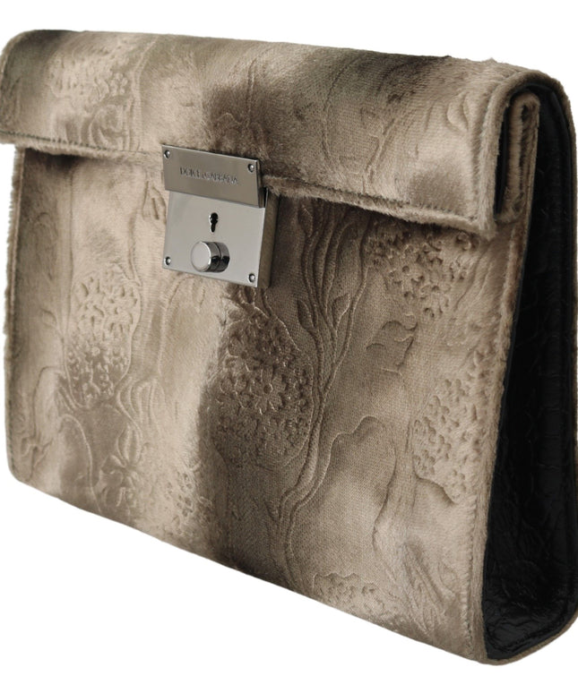 Dolce & Gabbana Beige Velvet Floral Leather Men Document Briefcase