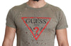 تي شيرت رجالي كاجوال مثقوب من Guess مصنوع من القطن المطاطي البني بطباعة شعار