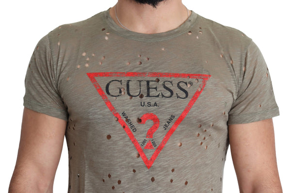 تي شيرت رجالي كاجوال مثقوب من Guess مصنوع من القطن المطاطي البني بطباعة شعار