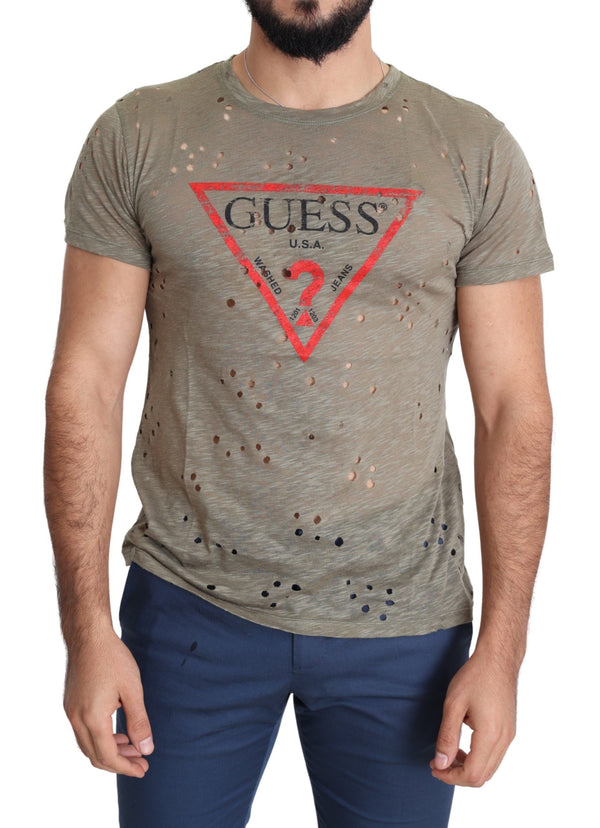 تي شيرت رجالي كاجوال مثقوب من Guess مصنوع من القطن المطاطي البني بطباعة شعار