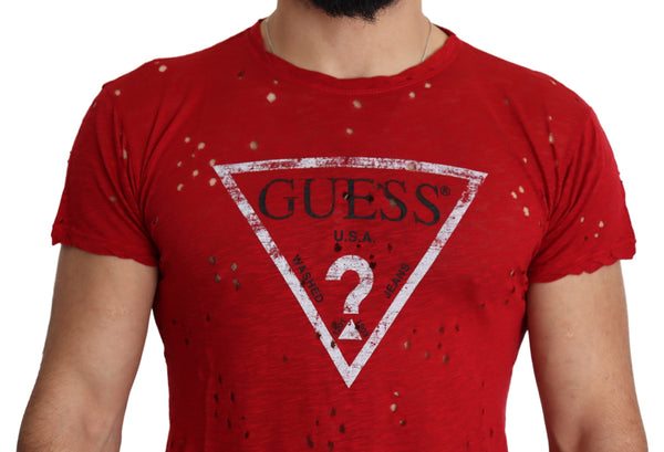 تي شيرت رجالي كاجوال من القطن الأحمر مطبوع عليه شعار Guess، مثقوب