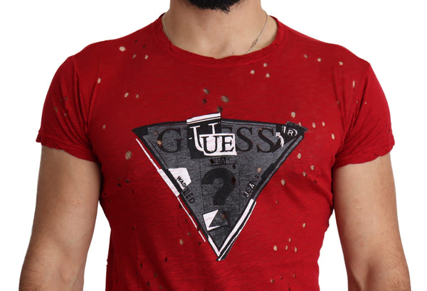 تي شيرت رجالي كاجوال من القطن الأحمر مطبوع عليه شعار Guess، مثقوب