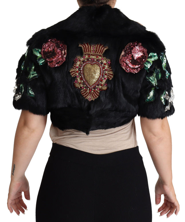 Dolce & Gabbana Black Rabbit Fur Crystals Sequin Coat