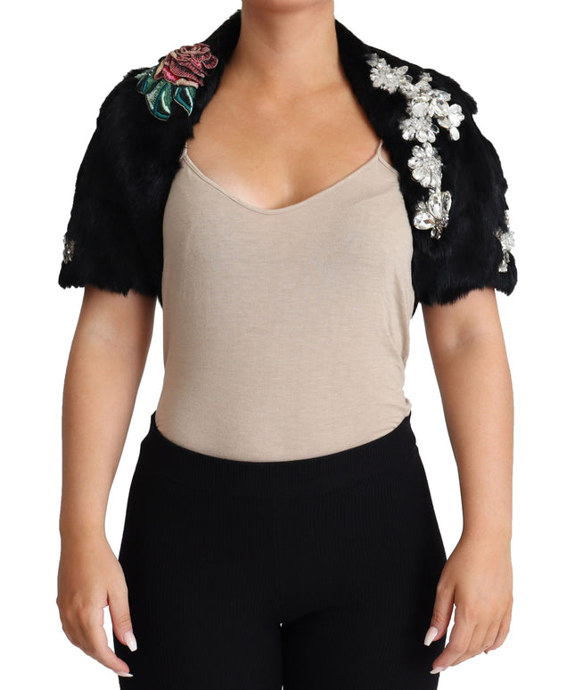 Dolce & Gabbana Black Rabbit Fur Crystals Sequin Coat