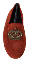 Dolce & Gabbana Orange Leather Crystal CrownLoafers Shoes